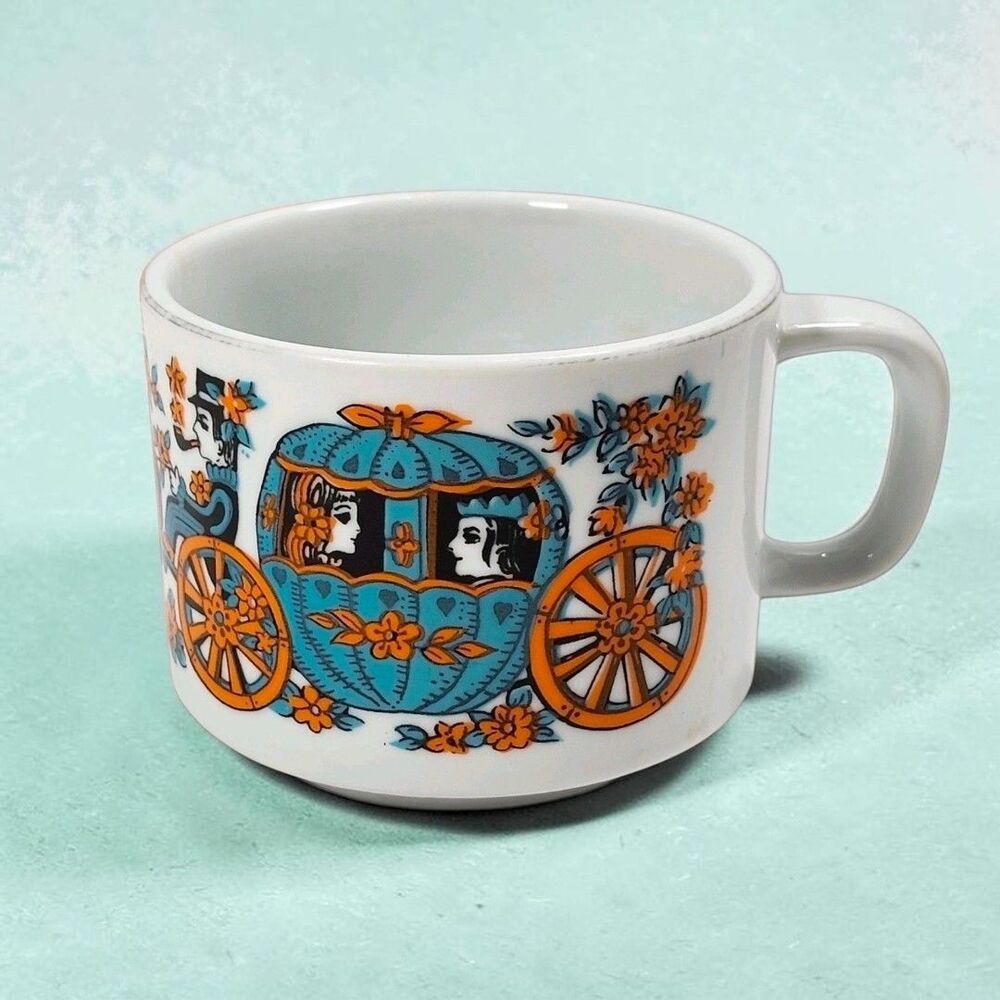 Vintage Tatung Taiwan Cinderella Carriage Castle Mug Fairy Tale Storybook Blue